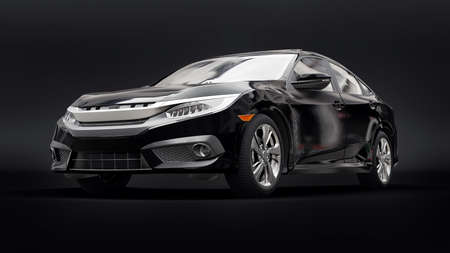 Black mid-size urban family sedan on a black uniform background. 3d renderingの写真素材