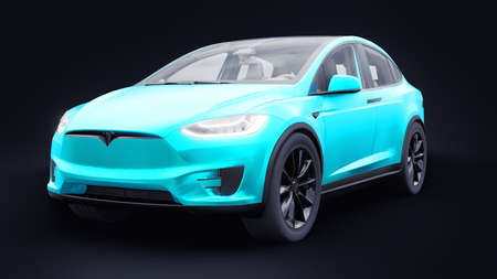 Tula, Russia. January 06, 2022: Tesla Model X full size city SUV. Car isolated on black background. 3d rendering.のeditorial素材