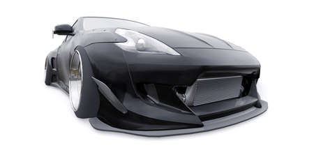 Black tuned sports racing car with arch extensions, air suspension and a huge spoiler. 3d rendering.