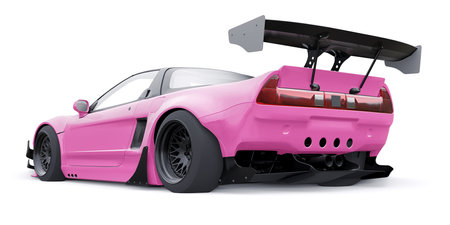 tuned sports racing car with arch extensions, air suspension and a huge spoiler. 3d rendering.