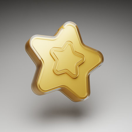 Gold Star 3D illustration isolated on gray background. Glossy yellow star Realistic 3d. customer ratingの写真素材