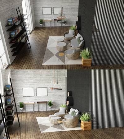home decor. living room. Stylish interior 3D render. Modern apartment 3D illustration