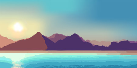 Landscape with sea and mountains beautiful dawn. fantasy world. Idyllic tranquil morning.のイラスト素材