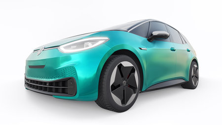 Oslo, Norway. April 17, 2022: Volkswagen ID.3 2020. New generation green electric city hatchback car with extended range. 3d illustration.のeditorial素材