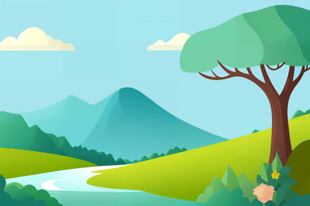 Beautiful landscape with mountains and river in cartoon style. vector illustration.の素材