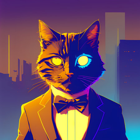 cat cartoon character. Cute animal illustration cat in a suit and a butterfly. AI.の素材