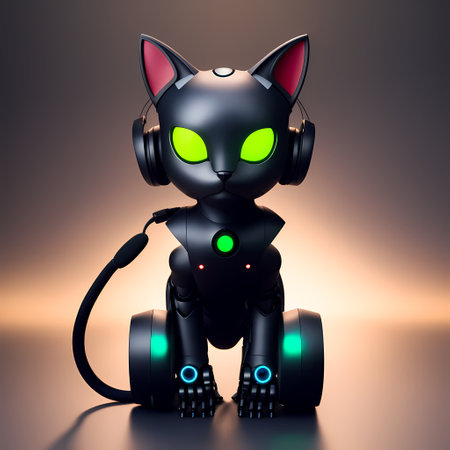 A cat robot black matte plastic and green glowing eyes AI.の素材