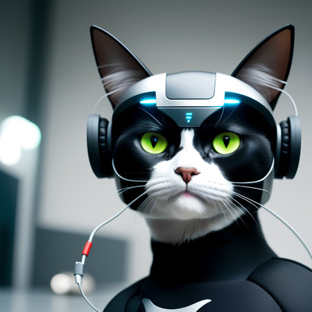 A cat with headphones and a robot suit. AI.の素材