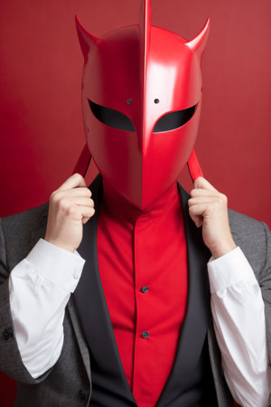 businessman with red mask on his head on a red background.の素材