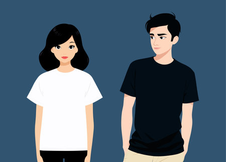 Vector illustration of a young man and woman in black and white t-shirtsのイラスト素材