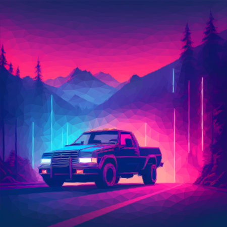 A truck is parked on the side of the road in front of a mountain range with trees and mountainsのイラスト素材