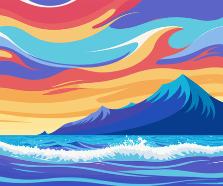 A colorful illustration of a sunset with mountains and the ocean in the backgroundのイラスト素材