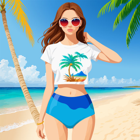 Beautiful girl with long hair on the beach in a white t-shirt.のイラスト素材