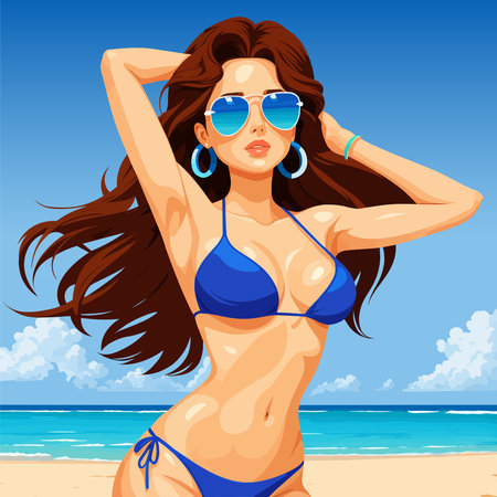 Beautiful young girl in blue swimsuit on the beach. vector illustration.のイラスト素材