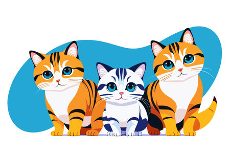 Three cute vector cats on a blue background.のイラスト素材