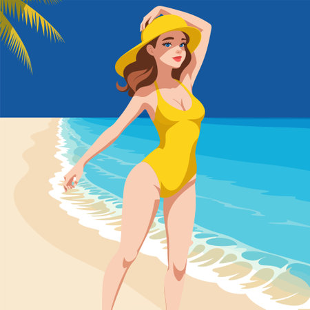 a beautiful female model in a yellow swimsuit and hat on the beach. Stylish vector illustration.のイラスト素材