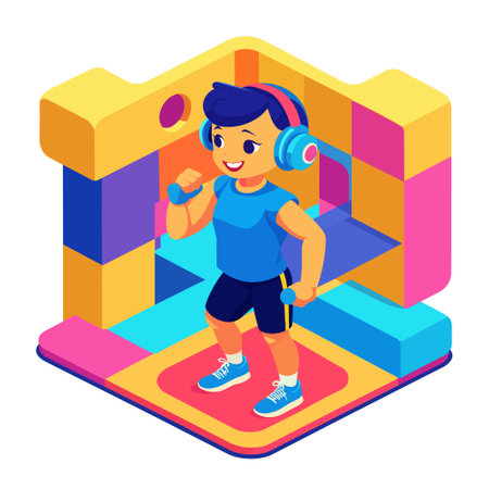 beautiful woman doing sports with headphones,isometric vector illustration.のイラスト素材