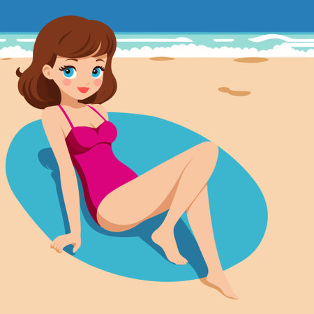 Beautiful girl in swimsuit sunbathing on the beach. vector illustrationのイラスト素材