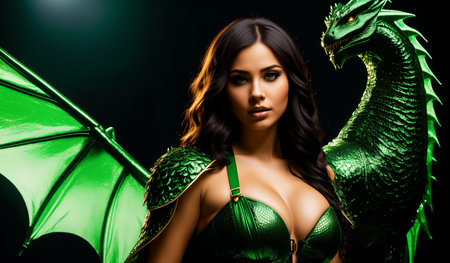 Portrait of a beautiful young woman in green lingerie with green dragon.の素材