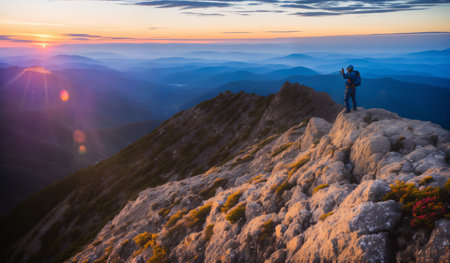 Silhouette of a photographer on the top of the mountain at sunriseの素材