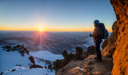 Silhouette of a hiker in the mountains at sunset.の素材