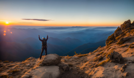 Man on top of a mountain with his arms raised in the air.の素材