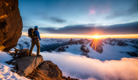 Hiker on the top of a mountain in the rays of the rising sunの素材