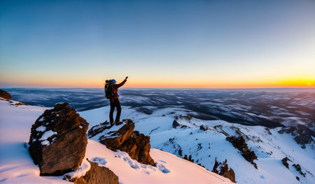 Hiker on the top of the mountain at sunrise. Beautiful winter landscape.の素材