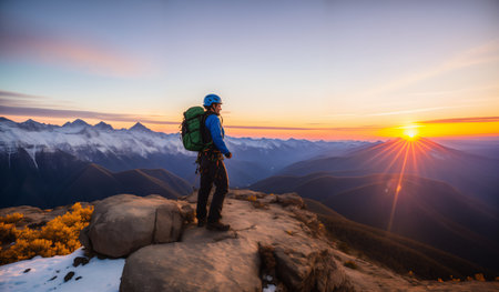 Hiker on the top of the mountain at sunrise. Trekking in the mountains.の素材