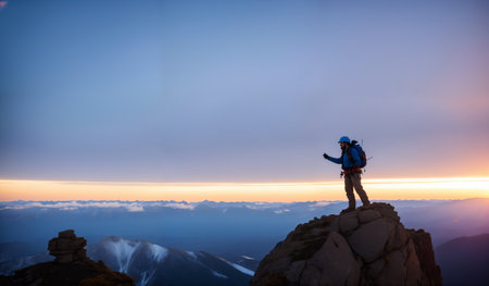 Hiker standing on top of a mountain with a backpack and enjoying the view at sunsetの素材