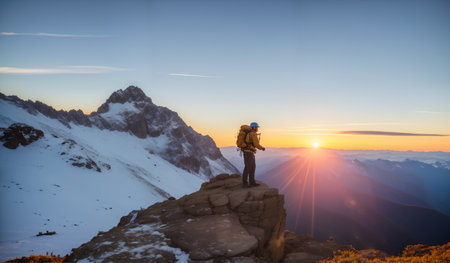 Hiker on the top of the mountain at sunset, Switzerland.の素材