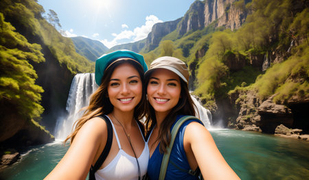 Two young women taking a selfie with a waterfall in the background.の素材