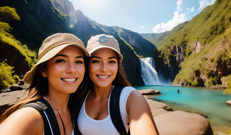 Two young women taking a selfie with a waterfall in the background.の素材