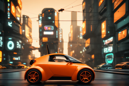 3d rendering of a yellow sports car in the city at nightの素材