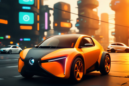 Modern electric car on the road in the city. 3d renderingの素材