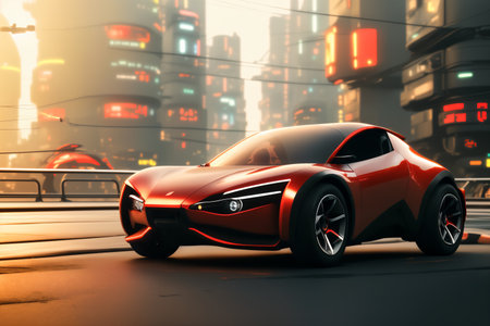 3D rendering of a brand-less generic concept car in the cityの素材