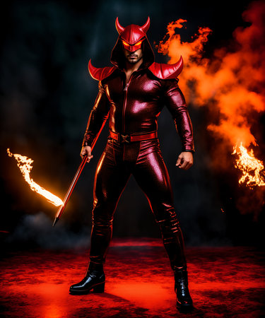 3D rendering of a male devil with horns and a torch in his handの素材