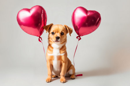Cute dog with red heart shaped balloons isolated on white background. valentines day conceptの素材