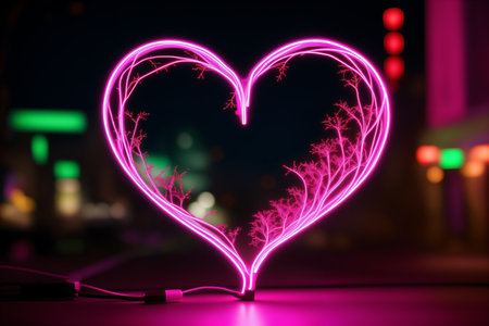 Heart shaped electric cable with neon lights on the background of the cityの素材