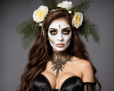 Portrait of a beautiful woman with creative make-up and floral wreathの素材