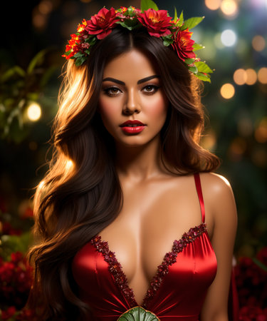 Portrait of a beautiful brunette woman with flowers in her hair.の素材