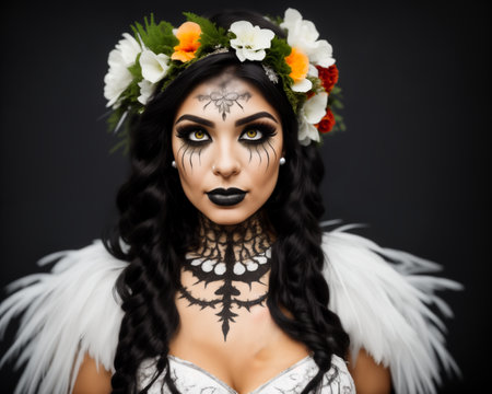 Portrait of a beautiful young woman with sugar skull make up and flower wreath on her headの素材