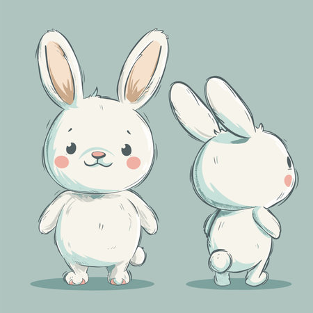 Cute cartoon white bunny isolated on blue background. Vector illustration.の素材