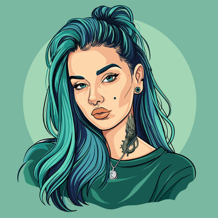 Beautiful girl with blue hair and green eyes. Vector illustration.の素材