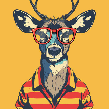 Funny cartoon deer vector illustration hipster animal in clothes.の素材