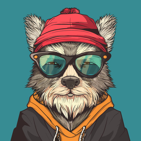 Funny cartoon dog vector illustration hipster animal in clothes.の素材