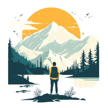 Hiker with backpack standing on a rock and looking at the mountains. Vector illustration.の素材