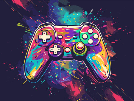 Gamepad with colorful splashes on dark background. Vector illustration.