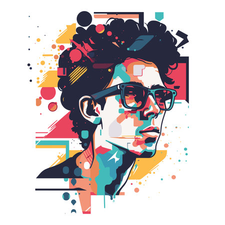 Portrait of young man with glasses and colorful geometric background. Vector illustration.