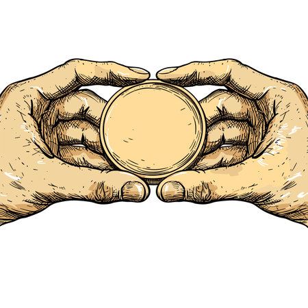 Hands holding a coin in the form of a circle. Vector illustration.のイラスト素材